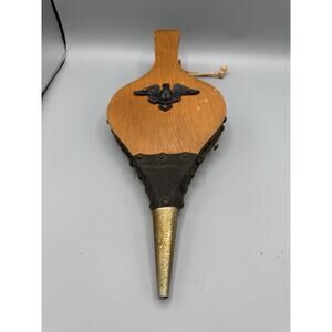 Vintage Wood & Leather Fireplace Bellows with Eagle Emblem – Decorative Piece